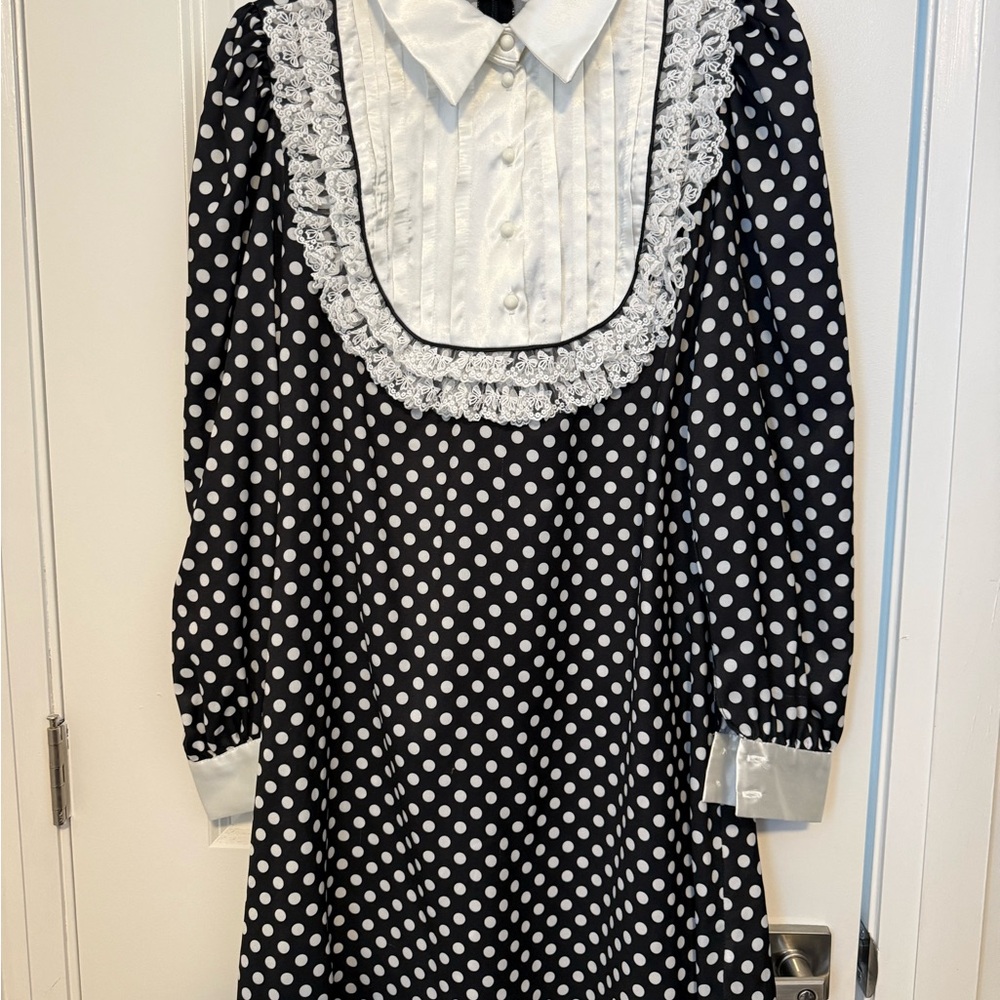 Black and White Polka Dot Dress with Lace Collar
